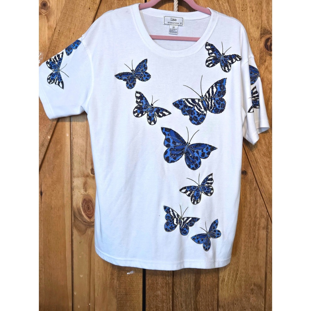 Retro Lagen-look Butterfly Shirt Tunic Relaxed M White Embellished 80s Vibe #740